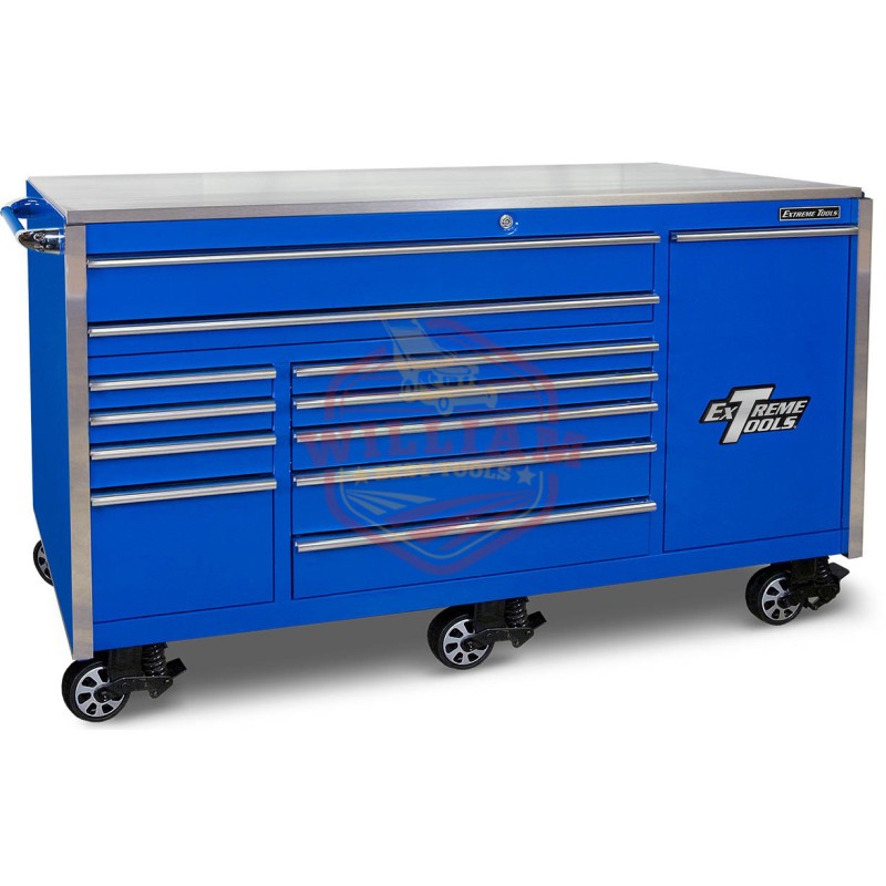 Extreme Tools Ex Professional Series 76 In. 12-Drawer Roller Cabinet Includes Vertical Drawer with Power Strip, Blue